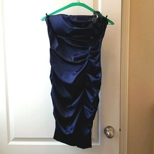Navy blue satin one shoulder roosh dress